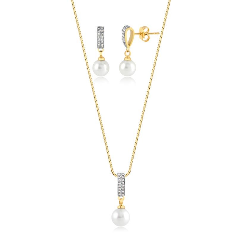 CONJUNTO DE ZIRCONIAS CRISTAL COM PÉROLA SHELL 7MM FOLHEADO A OURO
