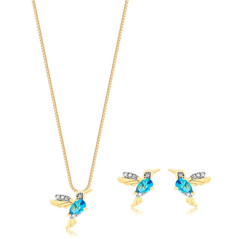 CONJUNTO BEIJA-FLOR COM PEDRA AQUAMARINE FOLHEADO A OURO