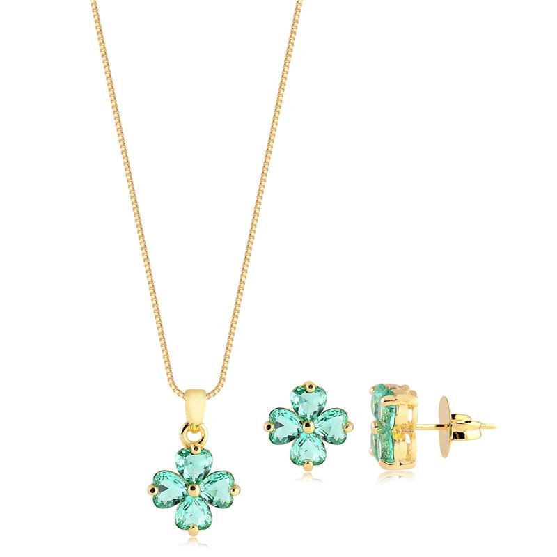CONJUNTO FLOR COM PEDRA TURMALINA FOLHEADO A OURO