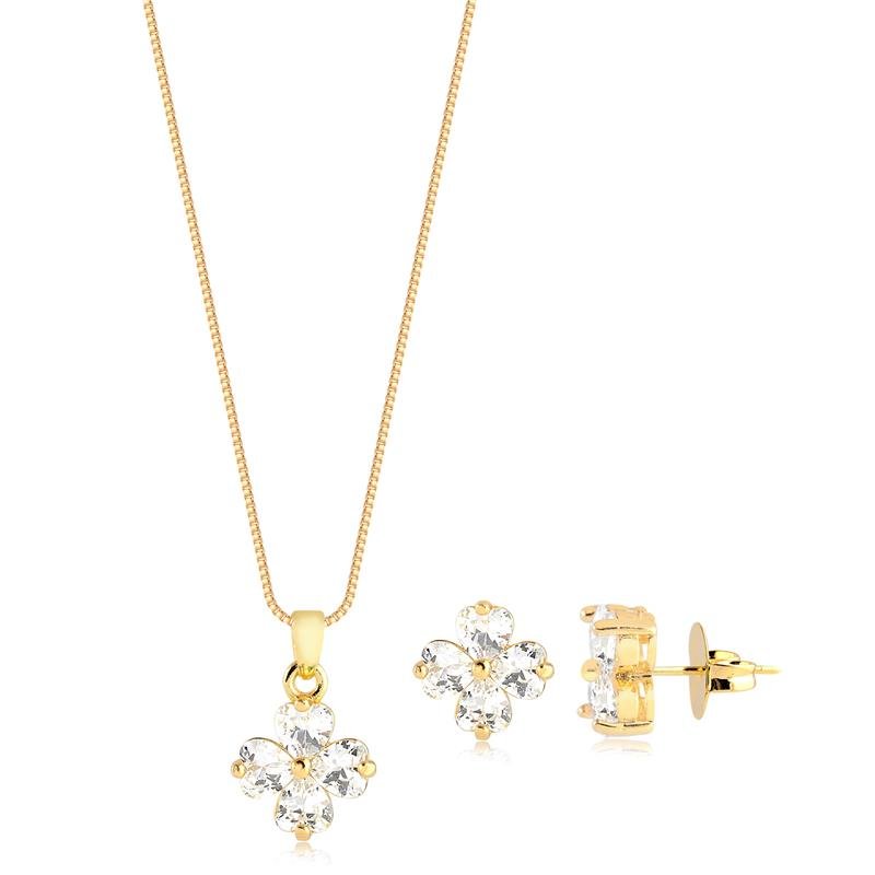 CONJUNTO FLOR COM PEDRA CRISTAL FOLHEADO A OURO