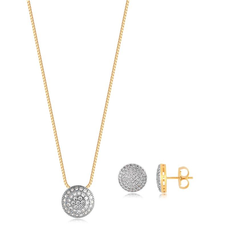 CONJUNTO REDONDO GRANDE COM PEDRAS ZIRCÔNIAS CRISTAL FOLHEADO A OURO