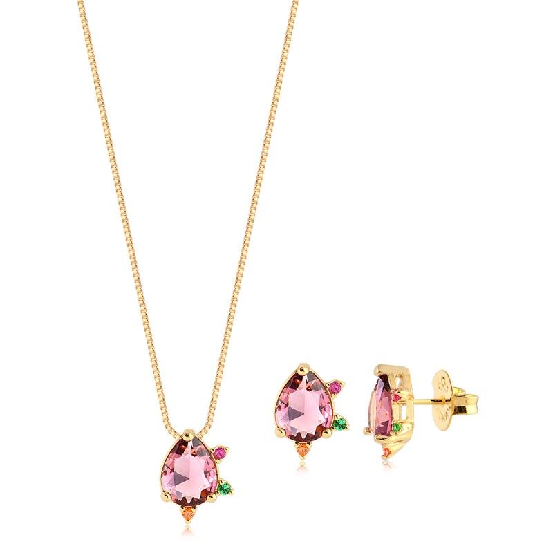CONJUNTO GOTA COM PEDRA AMETISTA E ZIRCÔNIAS COLORIDAS FOLHEADO A OURO