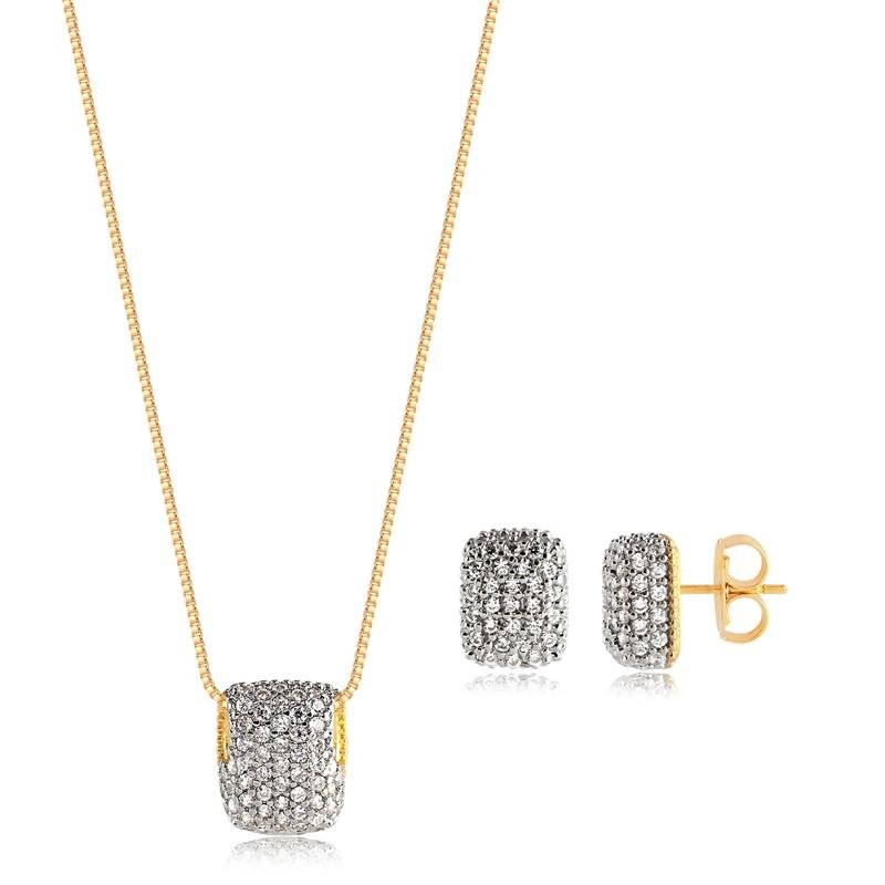 CONJUNTO RETANGULAR CRAVEJADO FOLHEADO A OURO
