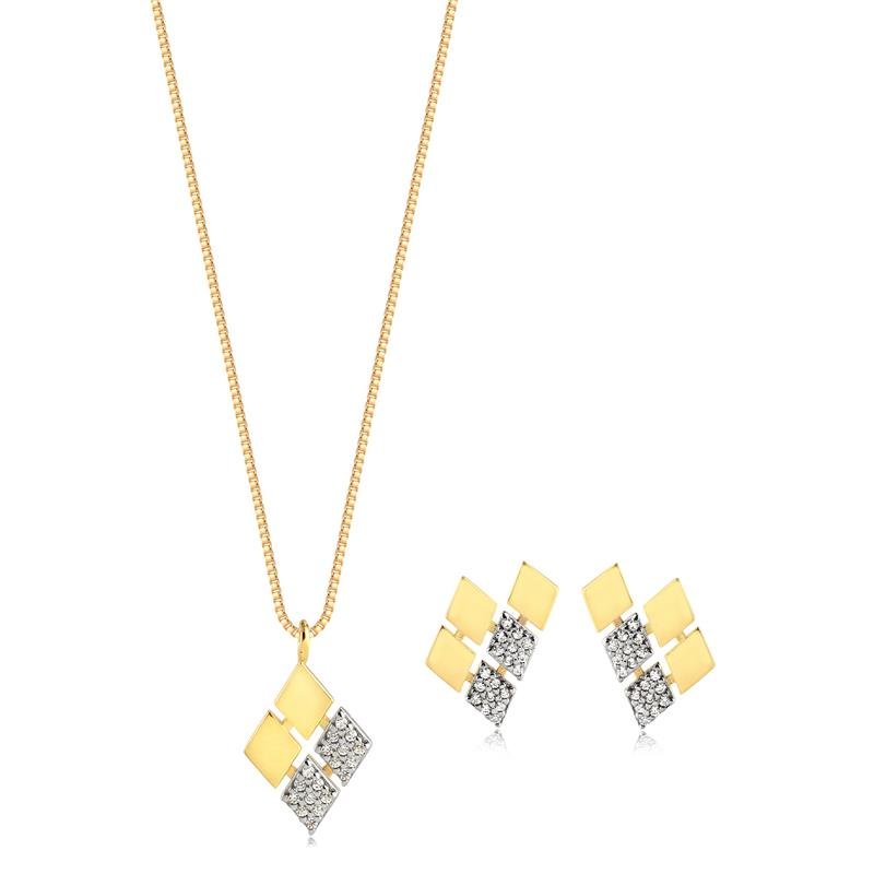 CONJUNTO LOSANGULOS COM ZIRCÔNIAS FOLHEADO A OURO