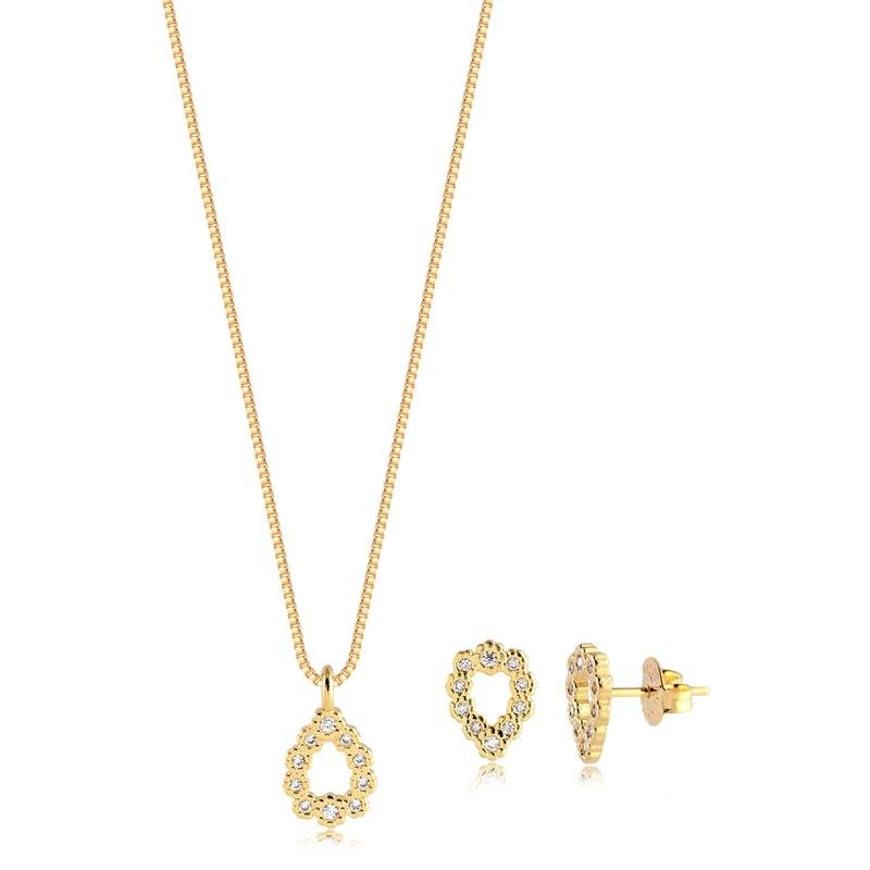 CONJUNTO GOTINHA VAZADA CRAVEJADA FOLHEADO A OURO