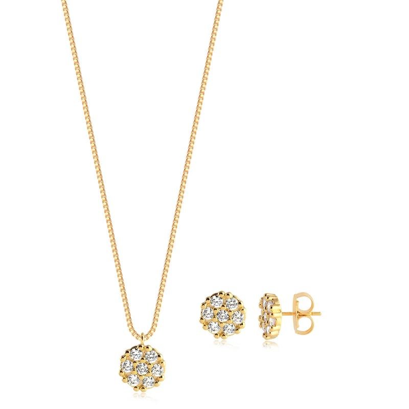 CONJUNTO FLOR REDONDA COM PEDRAS CRISTAL FOLHEADO A OURO