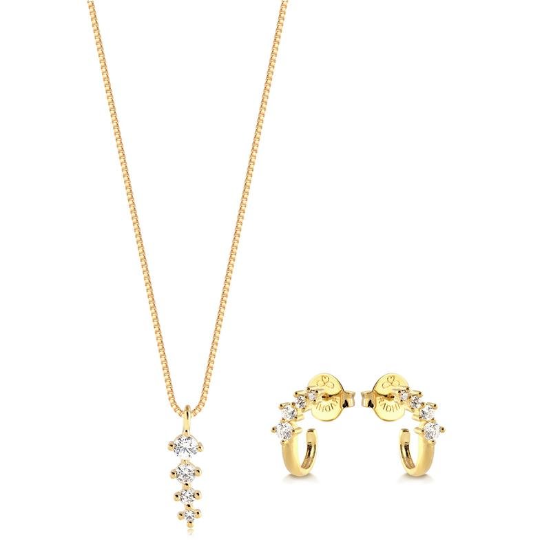 CONJUNTO EAR HOOK E PING PALITO COM ZIRCÔNIAS FOLHEADO A OURO