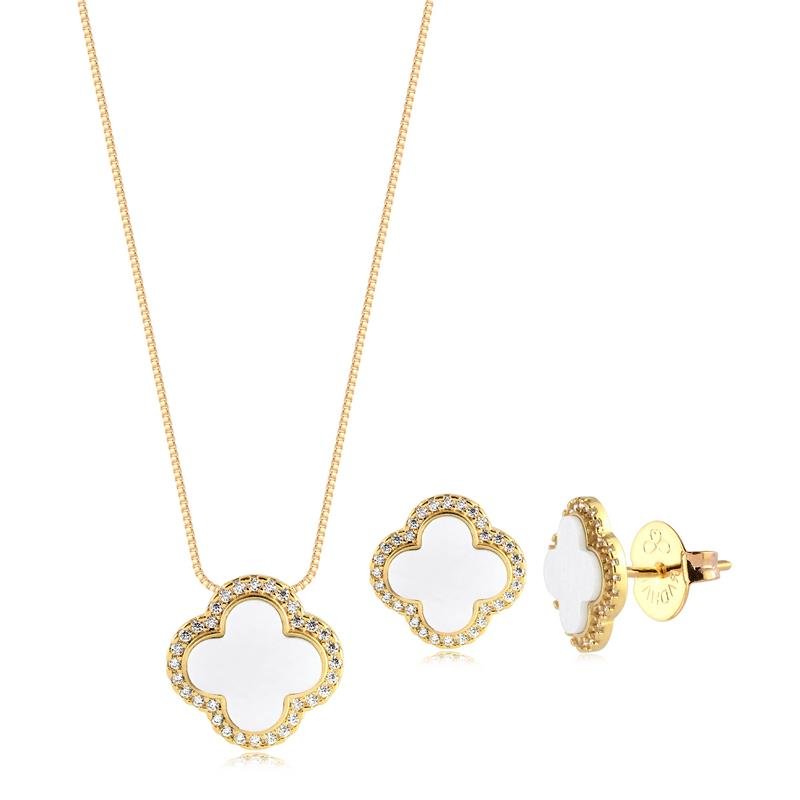 CONJUNTO TREVO PEROLADO COM ZIRCÔNIAS FOLHEADO A OURO