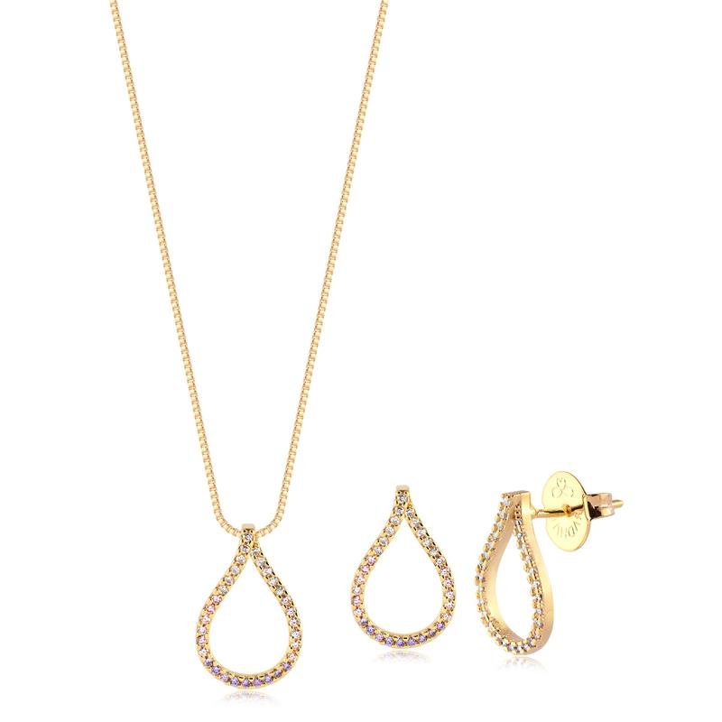 CONJUNTO GOTA GRANDE VAZADA CRAVEJADA FOLHEADO A OURO