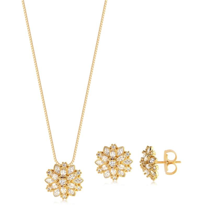 CONJUNTO FLOR CRAVEJADA FOLHEADO A OURO