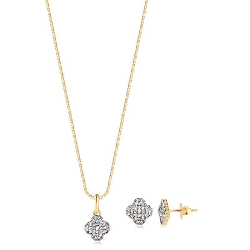 CONJUNTO TREVO TODO CRAVEJADO FOLHEADO A OURO