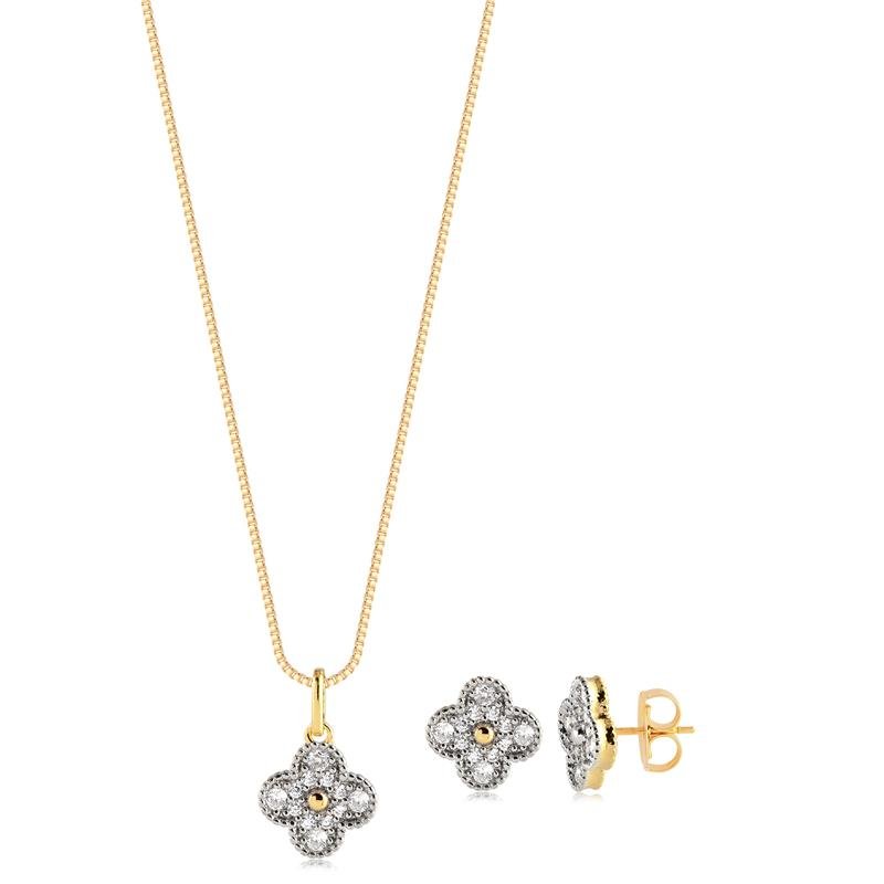 CONJUNTO TREVO COM MIOLO LISO E RESTANTE CRAVEJADO FOLHEADO A OURO