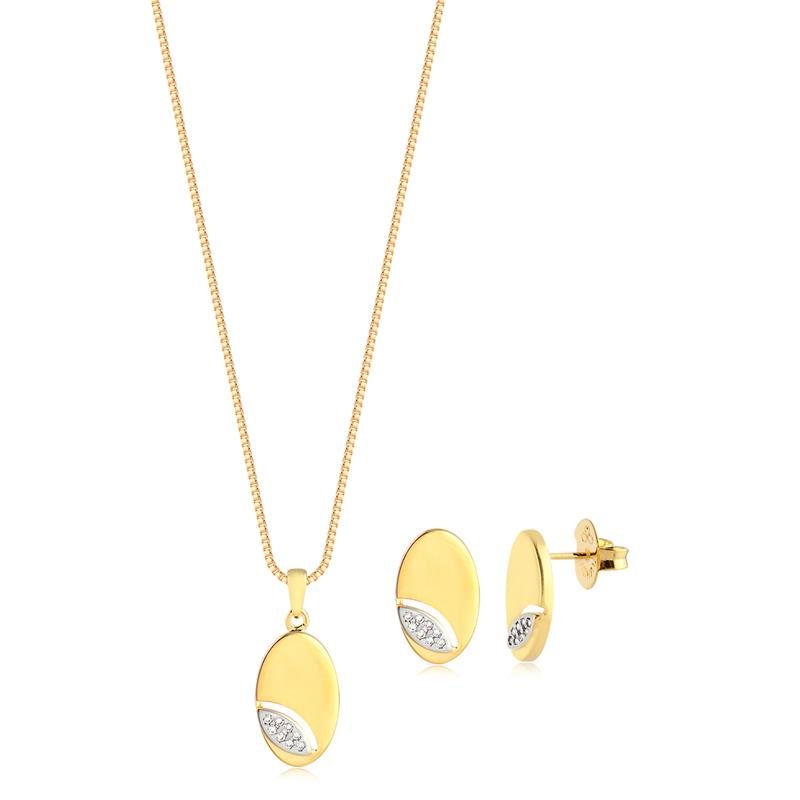 CONJUNTO OVAL LISO COM DETALHE EM ZIRCÔNIAS FOLHEADO A OURO