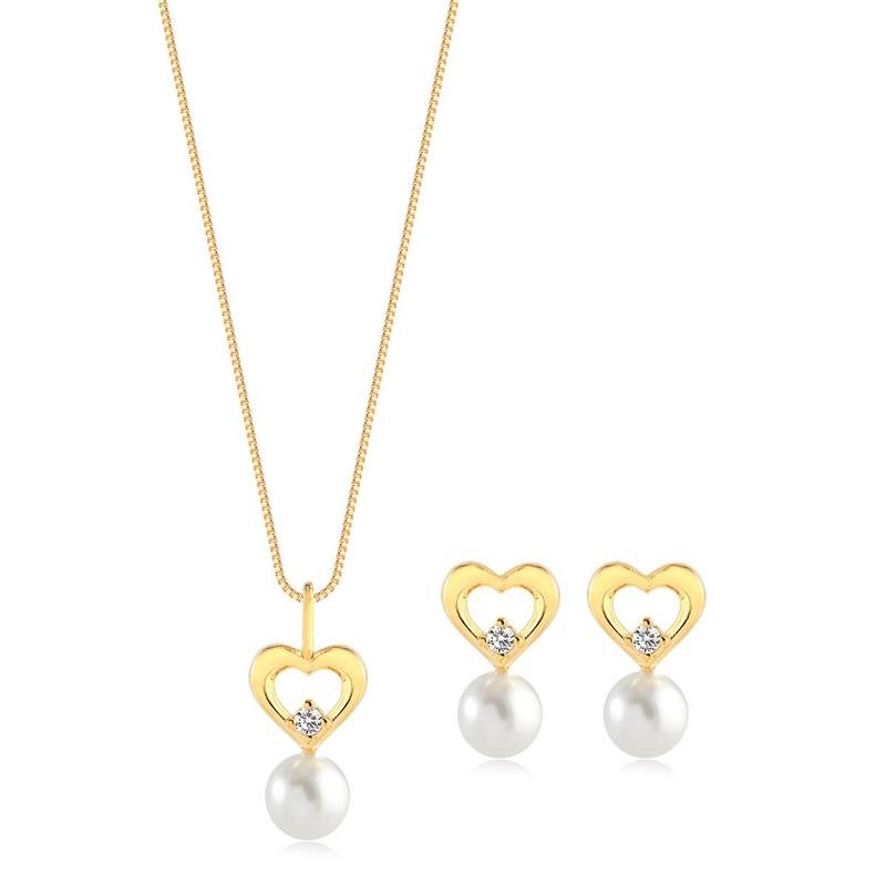 CONJUNTO CORAÇÃO VAZADO COM ZIRCÔNIA E PÉROLA FOLHEADO A OURO