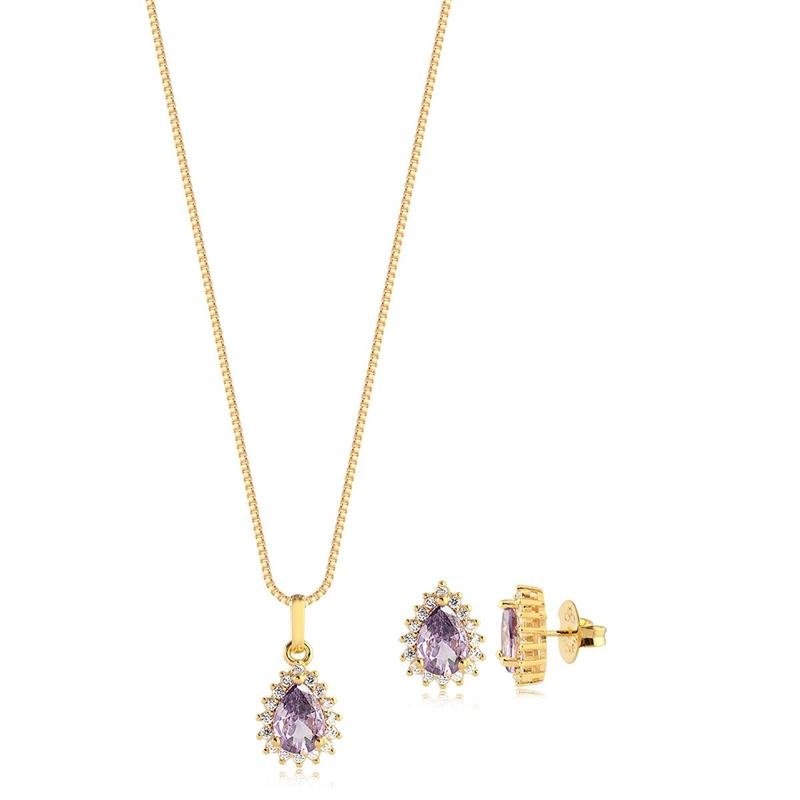 CONJUNTO GOTINHA AMETISTA COM ZIRCÔNIAS FOLHEADO A OURO