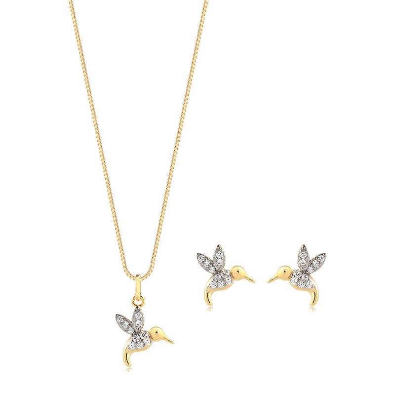 CONJUNTO BEIJA FLOR CRAVEJADO COM ZIRCÔNIAS CRISTAL FOLHEADO A OURO