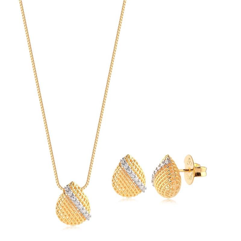 CONJUNTO GOTA TEXTURIZADA COM FILETE DE ZIRCÔNIAS FOLHEADO A OURO