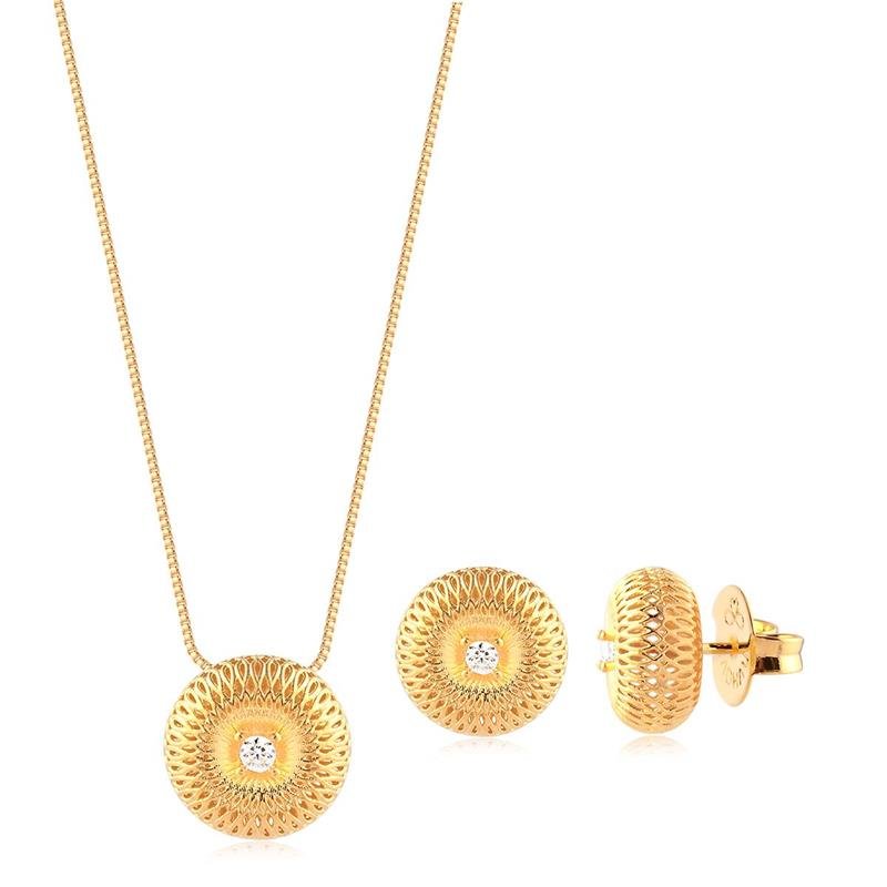 CONJUNTO GOTA TEXTURIZADA COM ZIRCÔNIA CRISTAL FOLHEADO A OURO