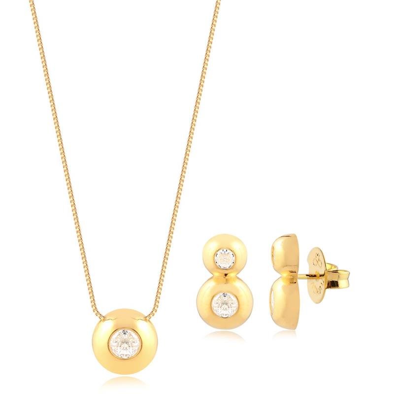 CONJUNTO REDONDO COM PEDRA CRISTAL FOLHEADO A OURO