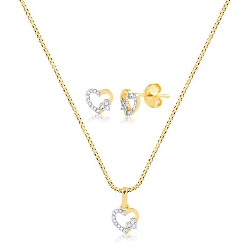 CONJUNTO CORAÇÃO VAZADO CRAVEJADO COM ZIRCÔNIAS FOLHEADO A OURO