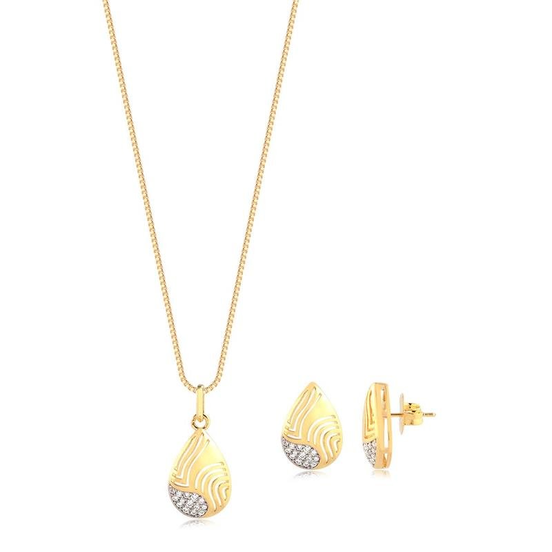 CONJUNTO GOTA TRABLHADA COM ZIRCÔNIAS FOLHEADO A OURO