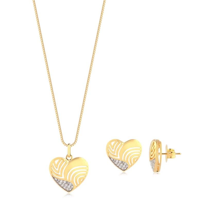 CONJUNTO CORAÇÃO TRABLHADO COM ZIRCÔNIAS FOLHEADO A OURO