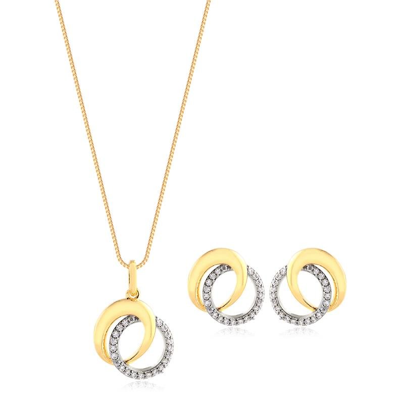 Conjunto Redondo Duplo Aro Liso E Cravejado Folheado A Ouro