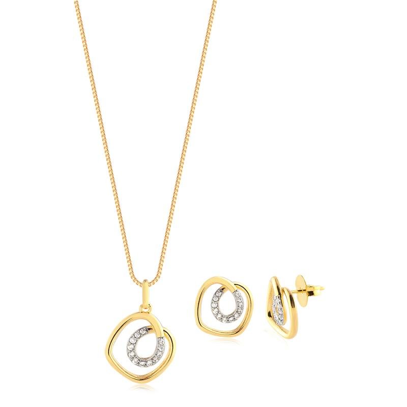 Conjunto Forma Geométrica Liso E Cravejado Folheado A Ouro