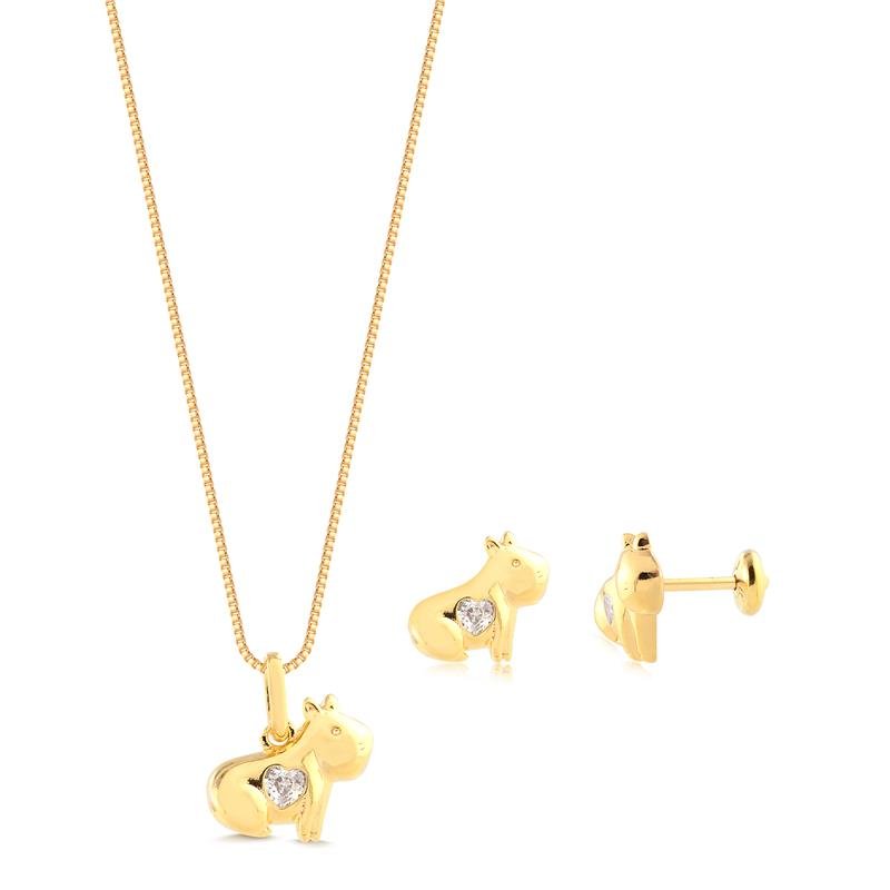 Conjunto Infantil Capivara Pedra Coração Folheado A Ouro 18k