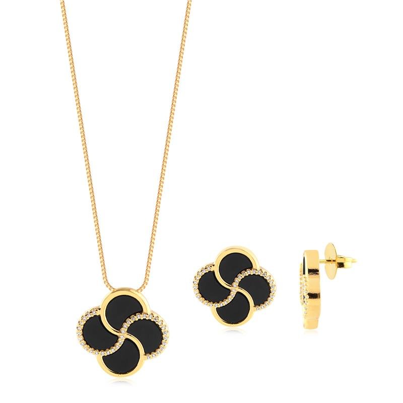 Conjunto Trevo Acrílico Preto Zircônias Folheado A Ouro