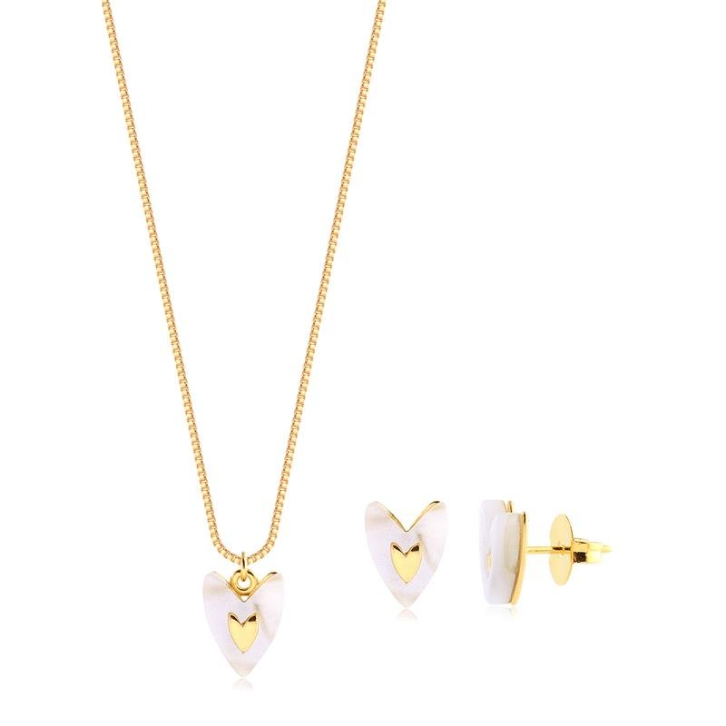 Conjunto Coração Liso Acrílico Madre Pérola Folheado A Ouro