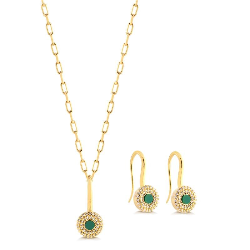 Conjunto Gancho Zircônias Acrílico Verde Folheado A Ouro