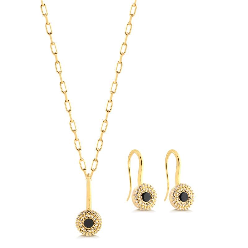 Conjunto Gancho Zircônias Acrílico Preto Folheado A Ouro