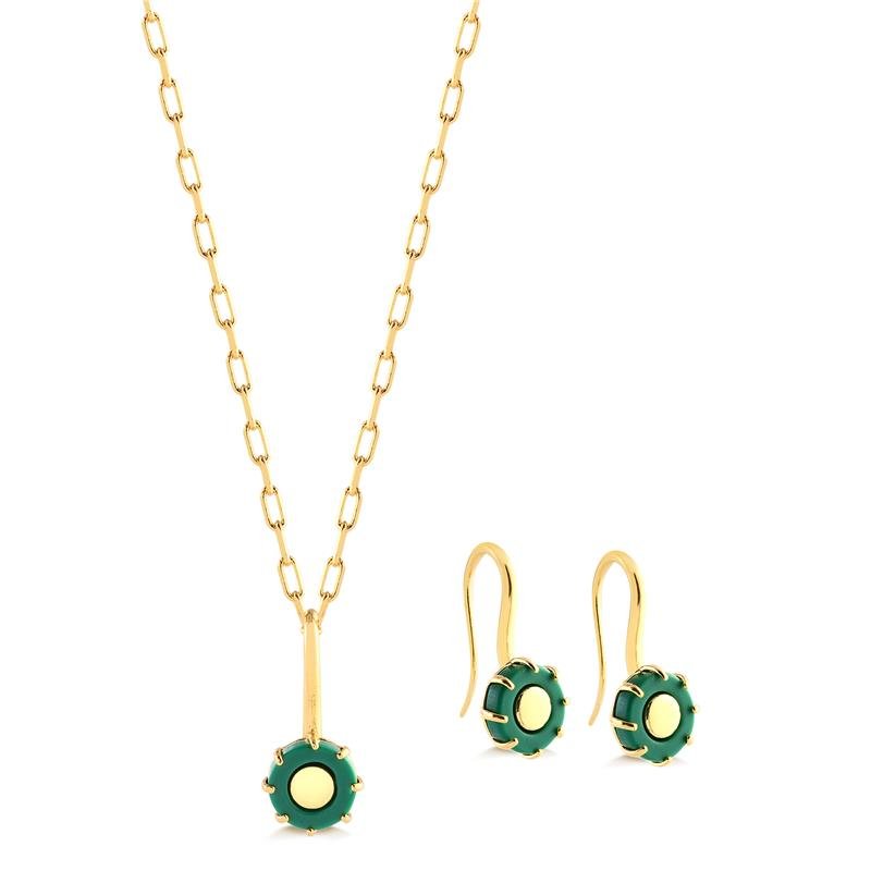 Conjunto Gancho Acrílico Verde Meio Liso Folheado A Ouro