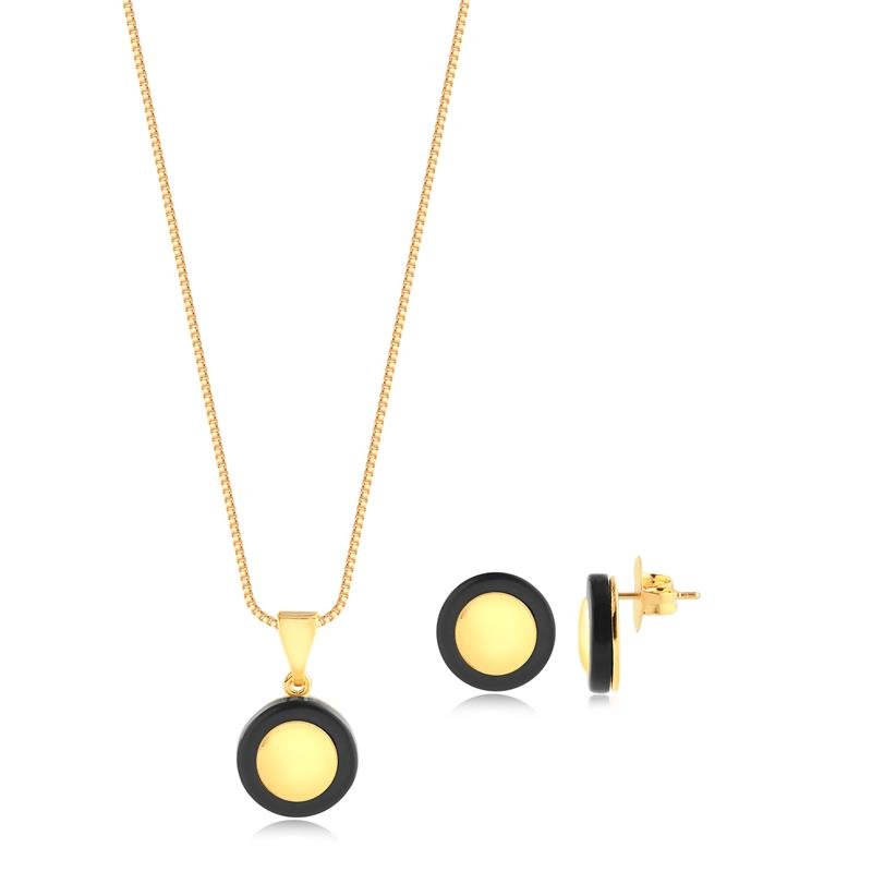 Conjunto Botão Meio Liso Acrílico Preto Folheado A Ouro