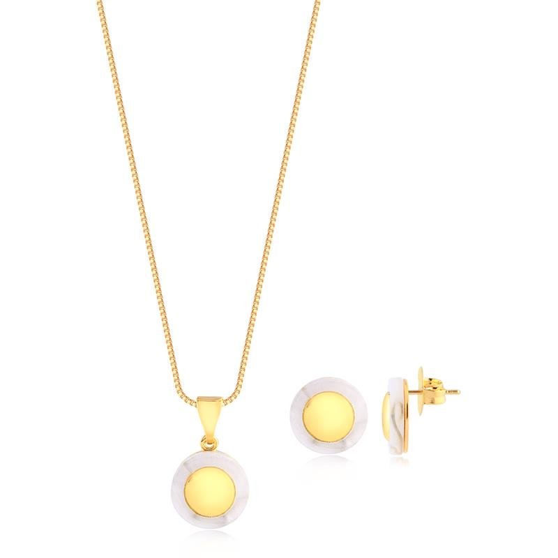 Conjunto Botão Liso Acrílico Madre Pérola Folheado A Ouro