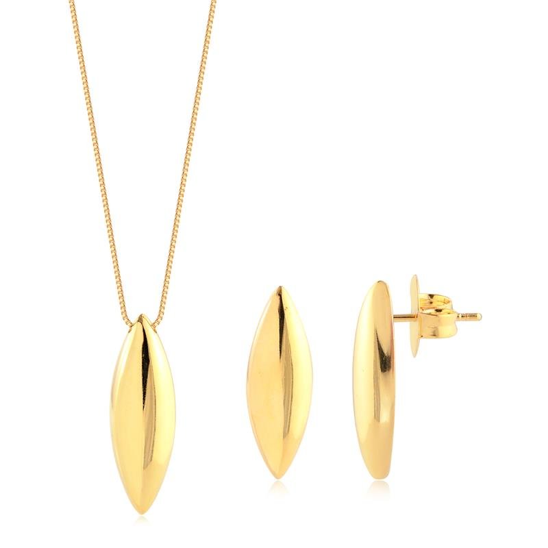 Conjunto Navete Grande Liso Folheado A Ouro