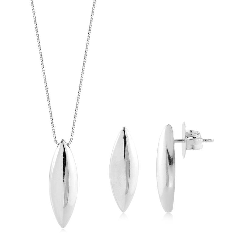 Conjunto Navete Grande Liso Folheado A Ródio