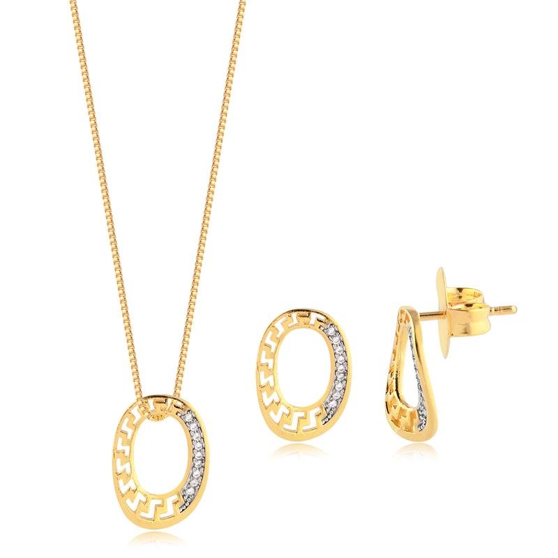 Conjunto Oval Vazado Trabalhado Zircônias Folheado A Ouro
