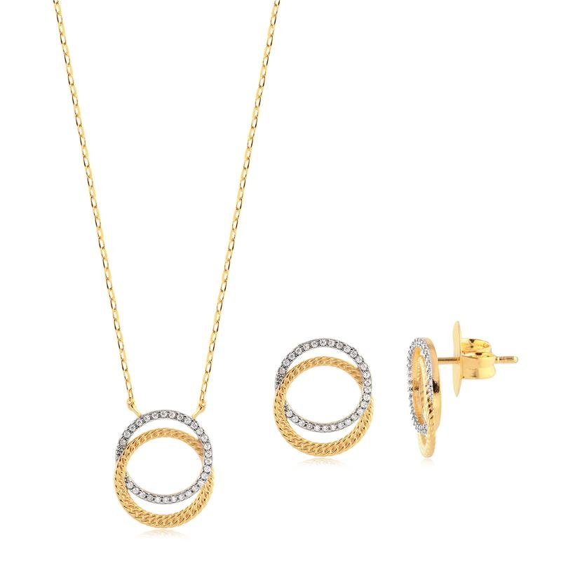 Conjunto Círculos Trabalhado E Cravejado Folheado A Ouro