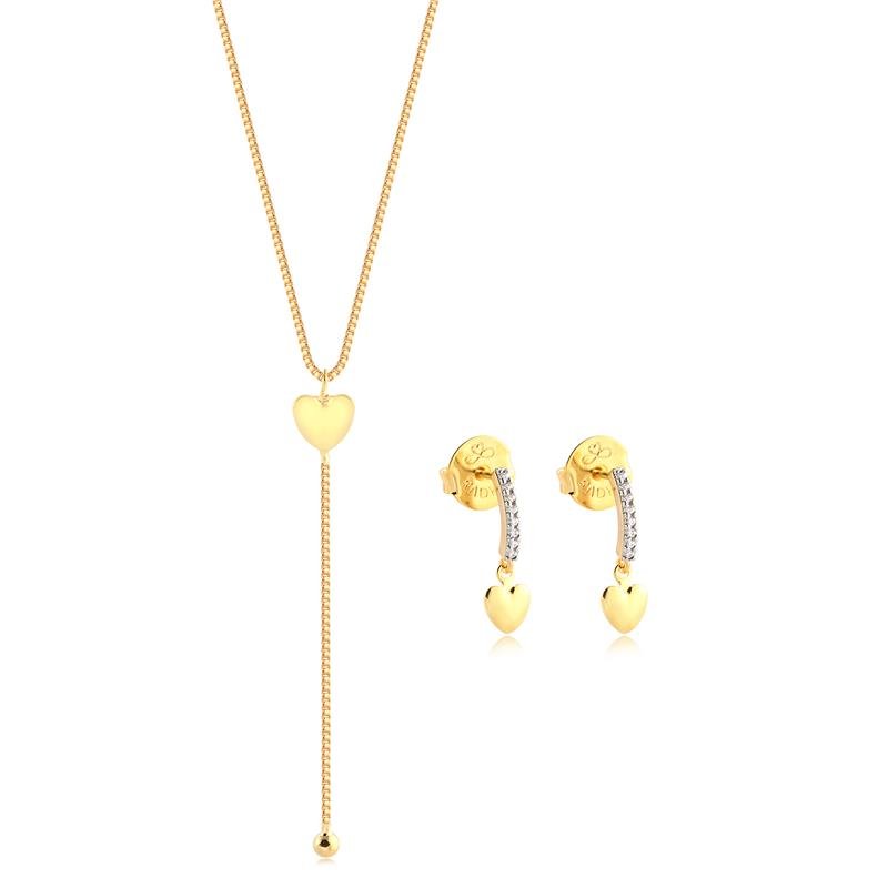 Conjunto Coração Pequeno Liso Folheado A Ouro