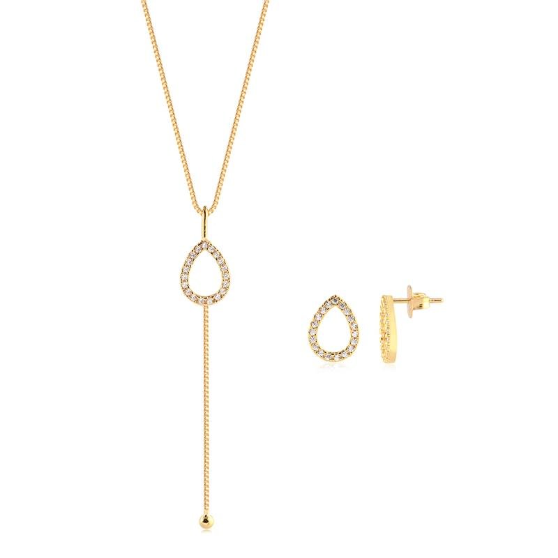 Conjunto Gota Vazado Cravejado Folheado A Ouro
