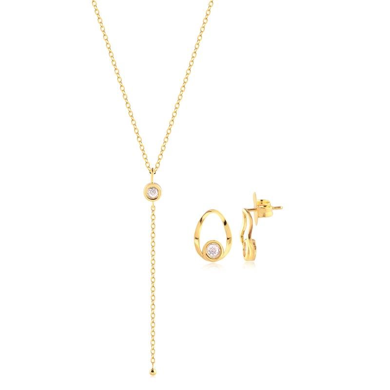 Conjunto Geométrico Gravata Ponto De Luz Folheado A Ouro