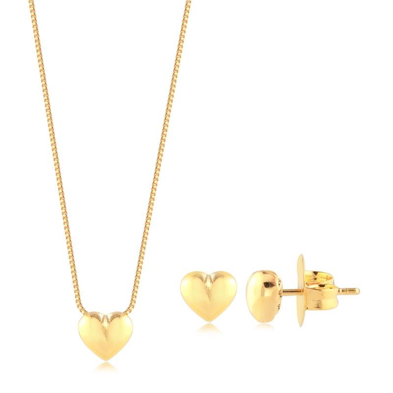 Conjunto Coração Liso Folheado A Ouro