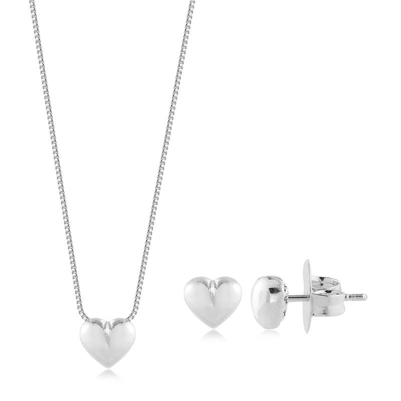 Conjunto Coração Liso Folheado A Ródio