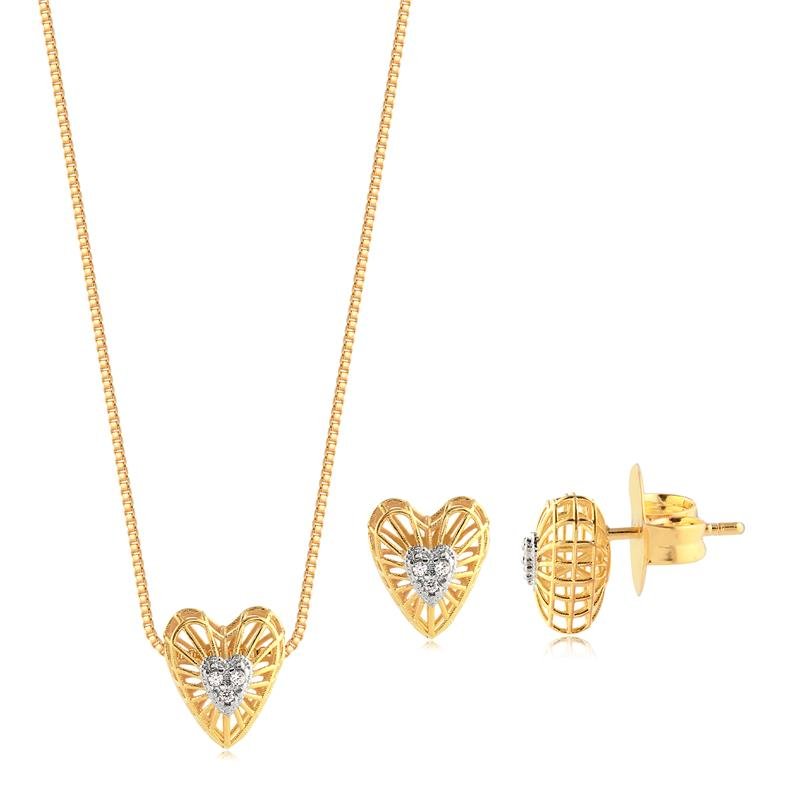 Conjunto Coração Miolo Cravejado Folheado A Ouro