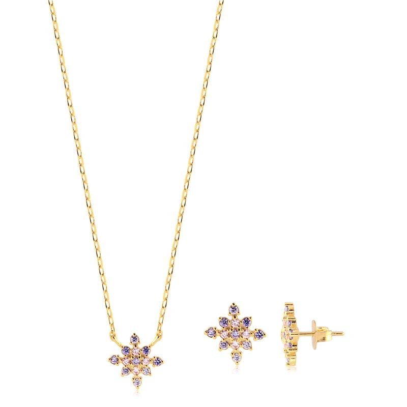 Conjunto Flor Cravejada Pedras Rosa E Lilás Folheado A Ouro