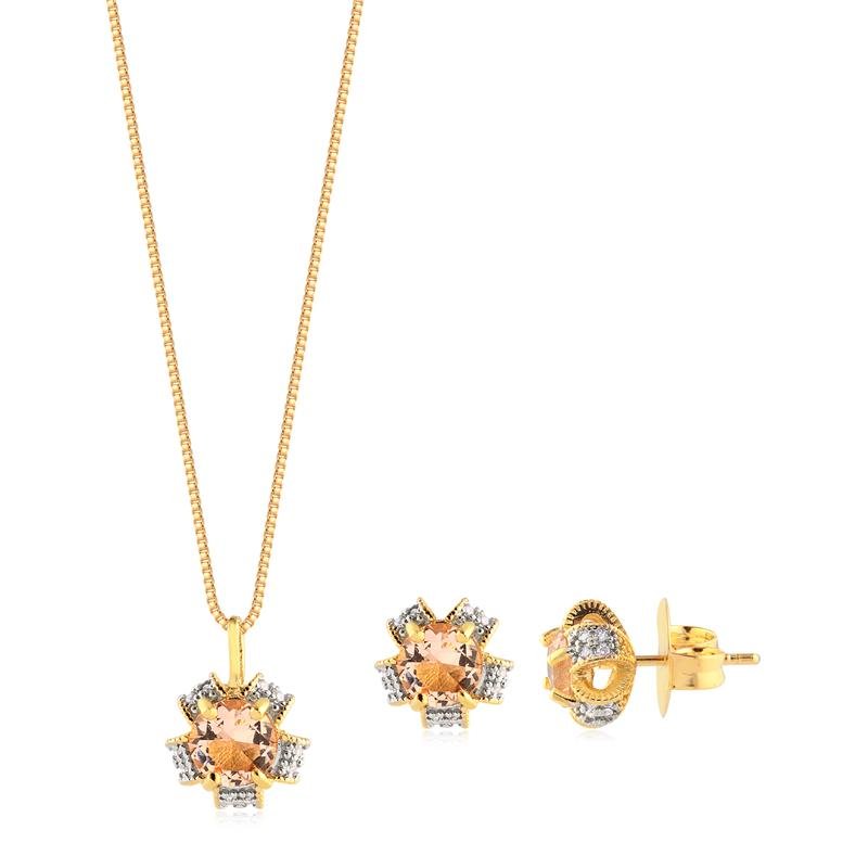 Conjunto Flor Cravejada Pedra Rosa Folheado A Ouro