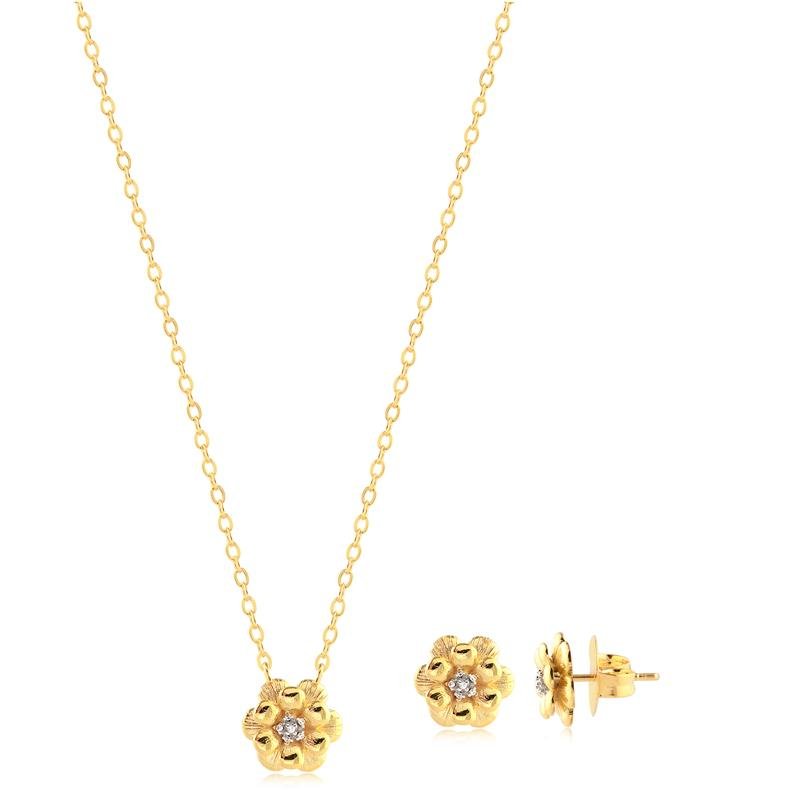 Conjunto Flor Dupla Lisa Miolo Cravejado Folheado A Ouro