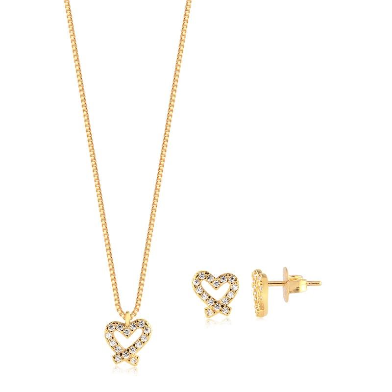 Conjunto Mini Coração Cravejado Folheado A Ouro